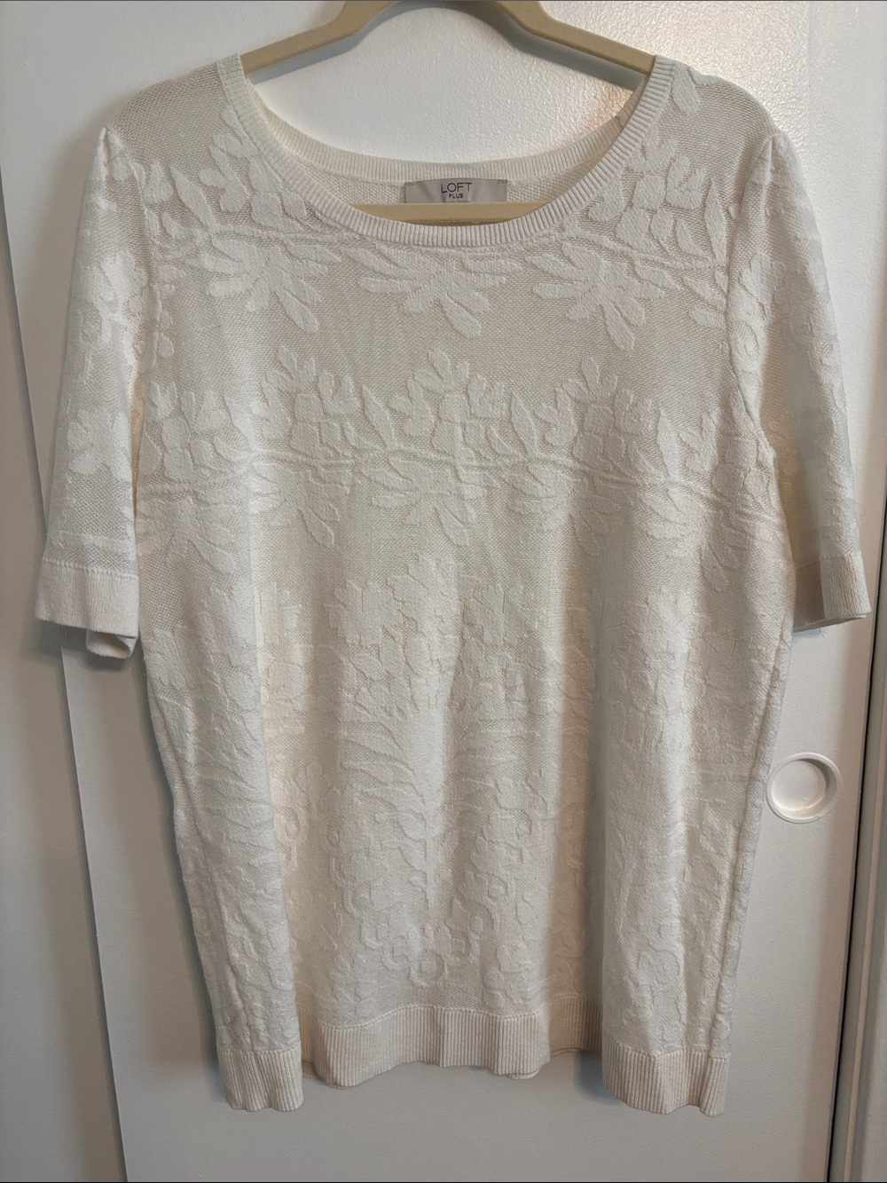 LOFT Cream Floral Jacquard Short-Sleeve Sweater